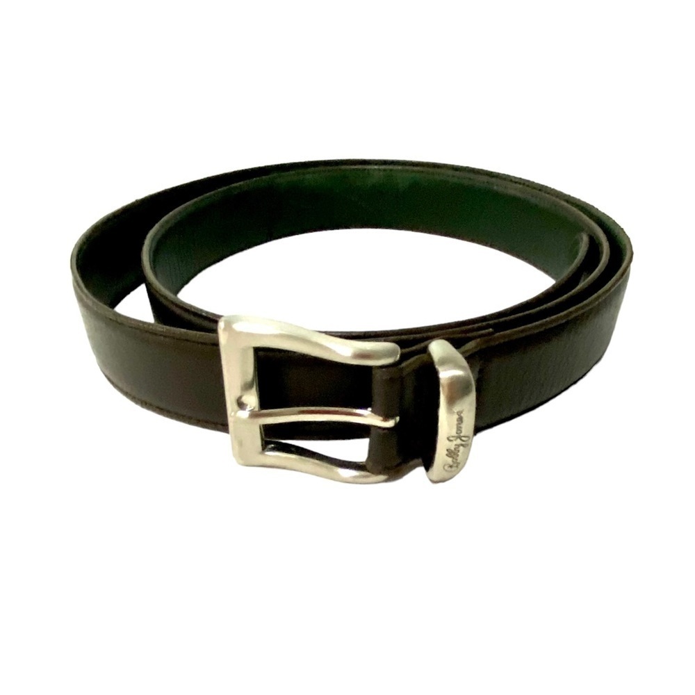Dark Brown Leather Belt Silver-tone Brass Buckle Size 42